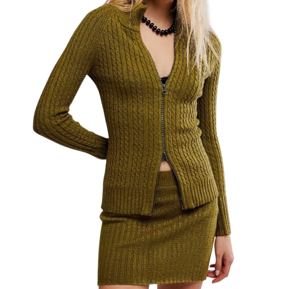 Free People Eliza Cardamom Seed Green Cable‎ Knit Cardigan Mini Skirt Set Medium
